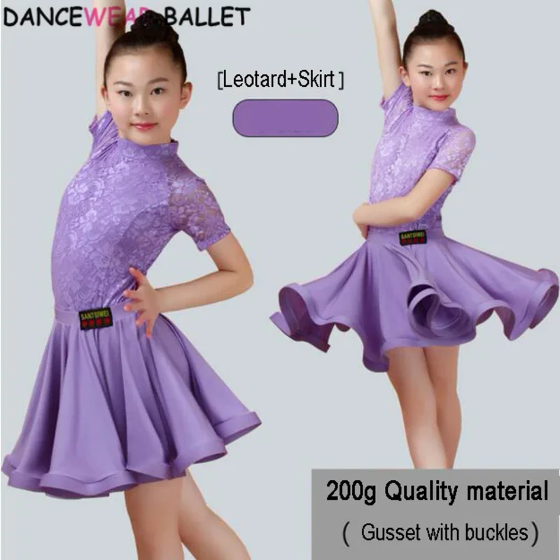 New Girls latin dance skirt Ballroom Salsa Tango Skirts Kid Child Lace Split Dress With Leotard And