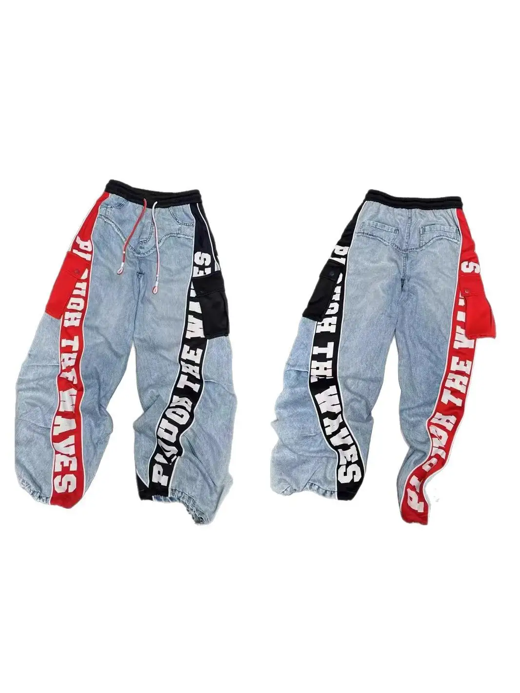 Heavyweight Denim Jeans Women's Spring 2026 New Style Red Black Letter Print Drawstring Large Pocket Trendy Loose Fit Blue