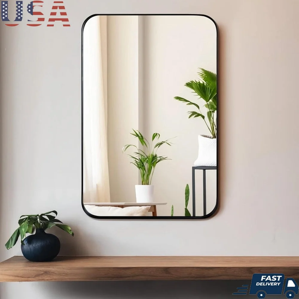 

Современное настенное зеркало для ванной комнаты с круглым краем, 28x20,2 дюйма, HD-стекло, алюминиевая рама, простая установка, вертикальное, горизонтальное использование