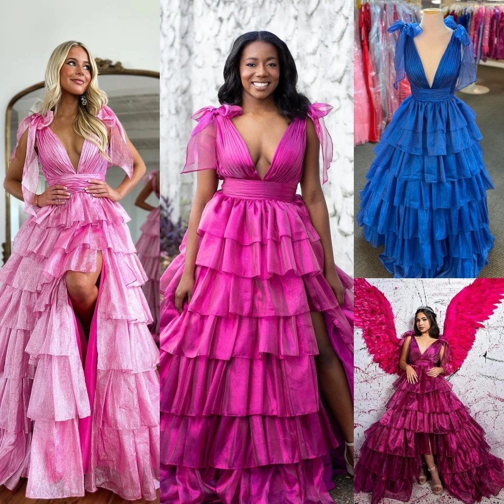 Fuchsia 무도회 원피스 프릴 핑크 오간자, 플런징 브이넥 숙녀 프리틴 미인 대회 가운, 겨울 공식 이브닝 칵테일 파티 손님용, 2k24