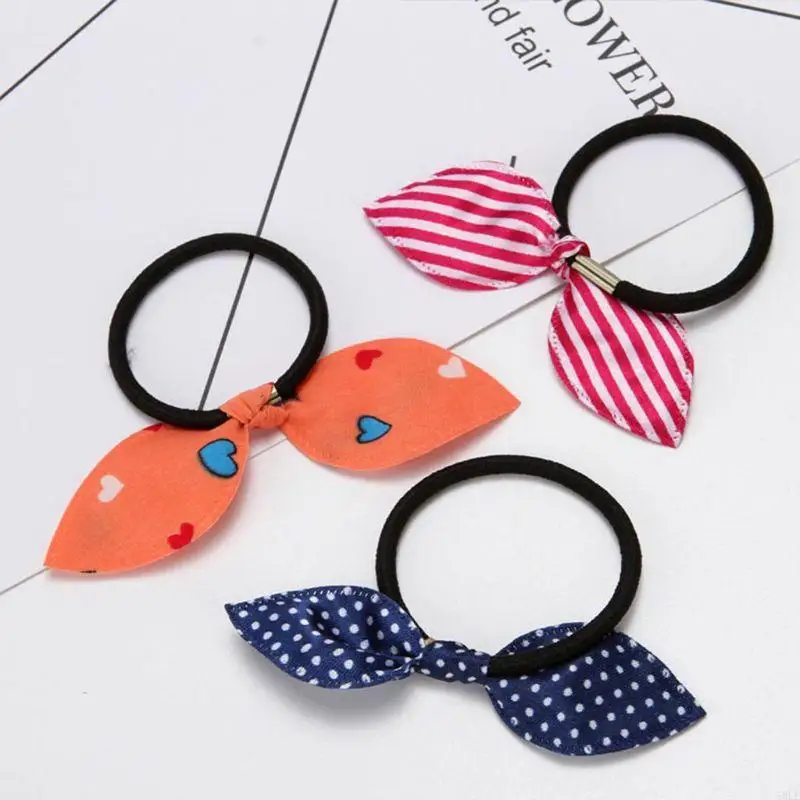 50le Girl Long Rabbit Ears Bowknot Elastic Rambut Rope Polka Dot Stripe Cloth Band Rubber Band Metal Buckle Kuncir Kuncir