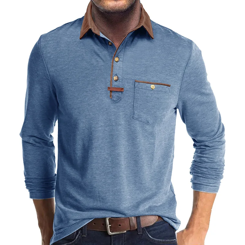 Langarm-Poloshirt für Herren, lässig, schmale Passform, Henley-Kragen, T-Shirt mit Tasche, Smart Blend Tops – Detail 14