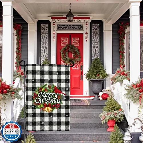 Cryfox Xmas Garden Flag 12x18 Inch Black White Buffalo Plaid Small Flags for JJE DDI GGX