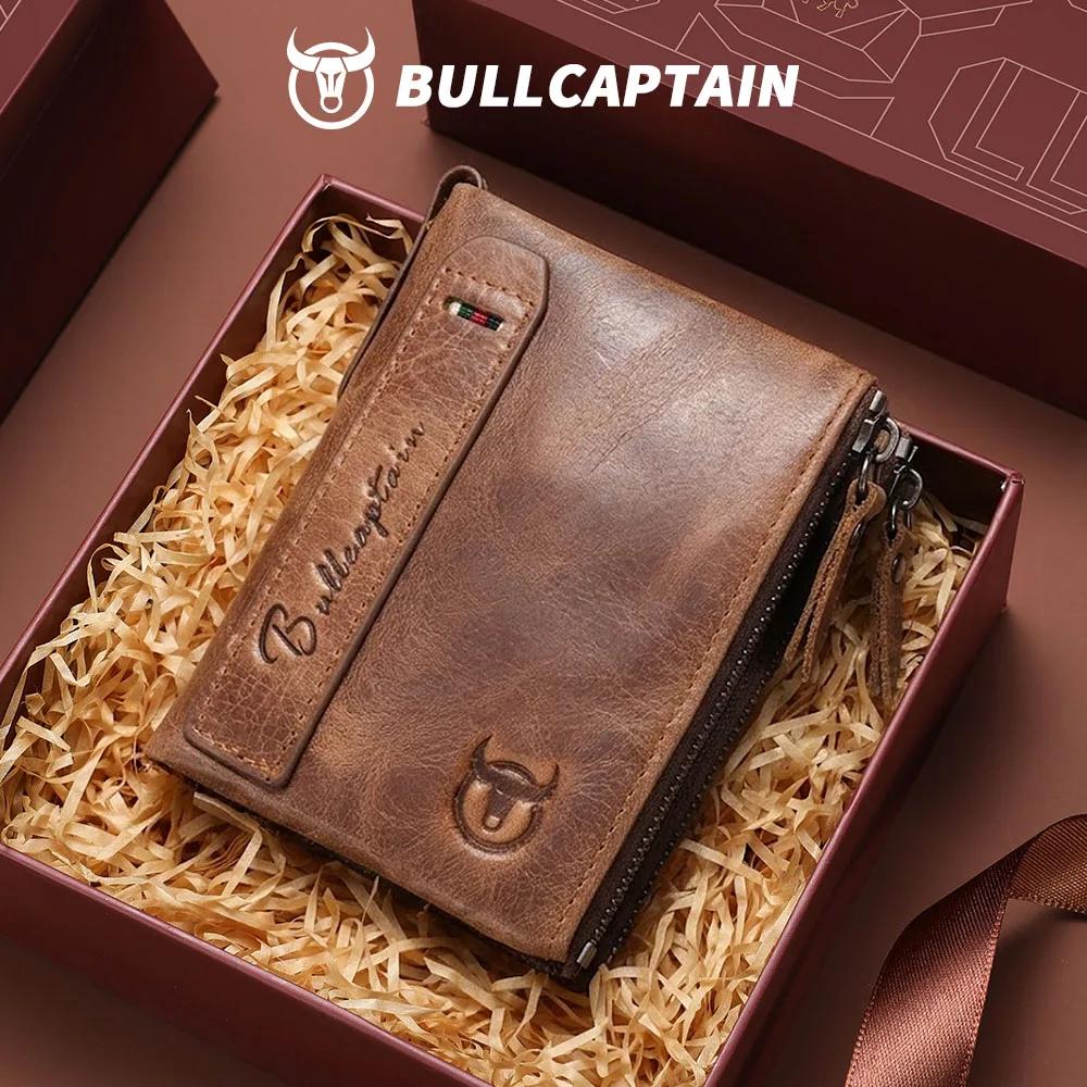 BULLCAPTAIN Men's Genuine Leather Wallet Retro Casual Multi-Card Slot Coin Purse RFID Anti-Theft Brush Zipper Bag
