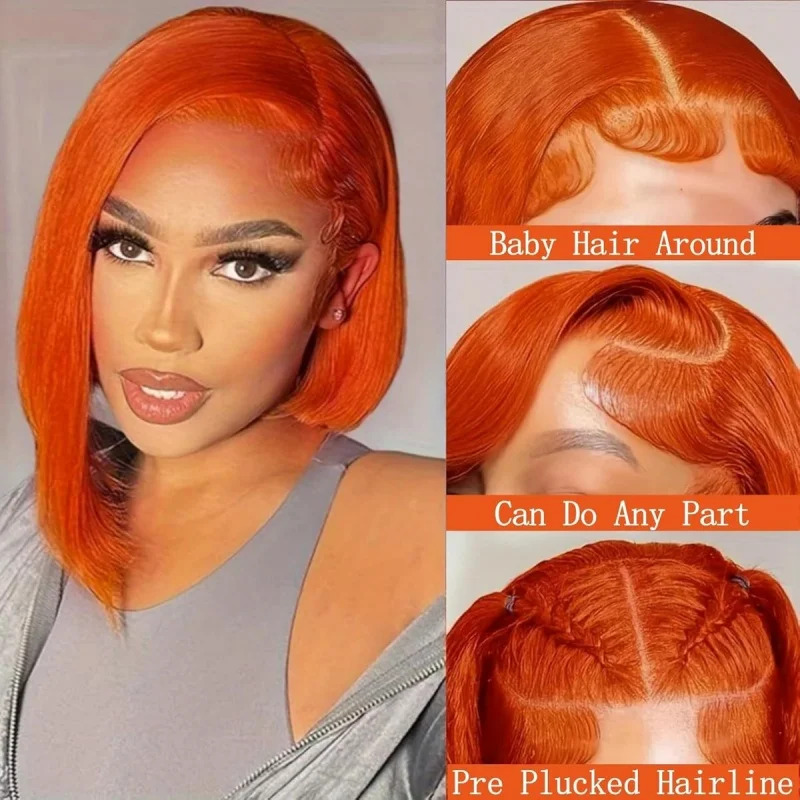 350 باروكة من شعر طبيعي ملون تم قطعه مسبقًا مع شعر أطفال 180% كثافة شعر مستعار زنجبيل شعر بشري 13x4 مستقيم زنجبيل برتقالي #3