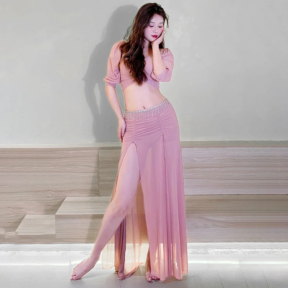 Roupas femininas para praticar dança do ventre, saia longa, traje de palco oriental, roupa de Bollywood, terno sexy de desempenho