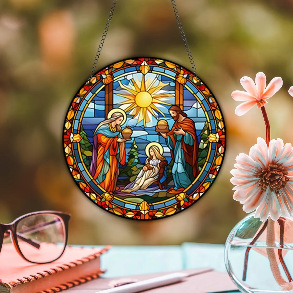 Christmas Jesus Stained Acrylic Suncatcher Wall Decor Hanging Panel Window Living Room Decoration Wreath Sign Garden Pendants