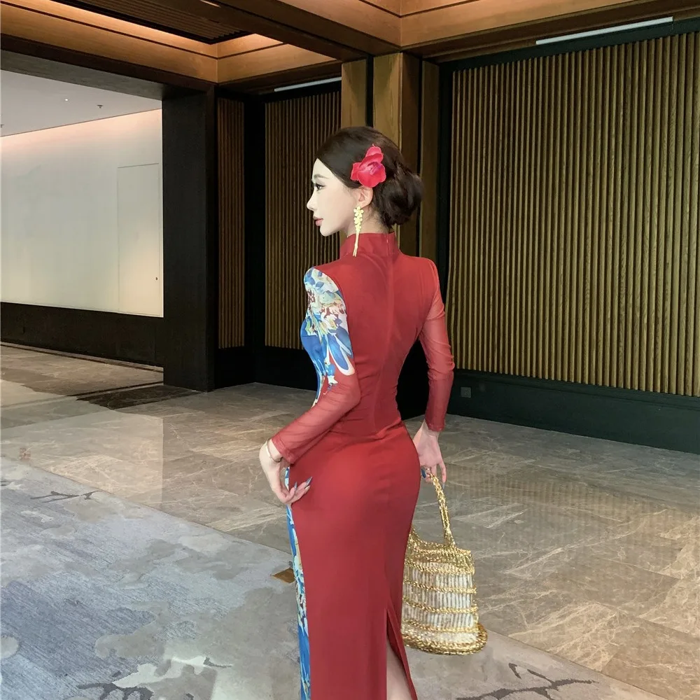 Ele Floral Me Split Qipao Dr Sexy Faionable Herbst Neue Ankunft frauen Lange Sve Bodycon Dr Chinesische Sle
