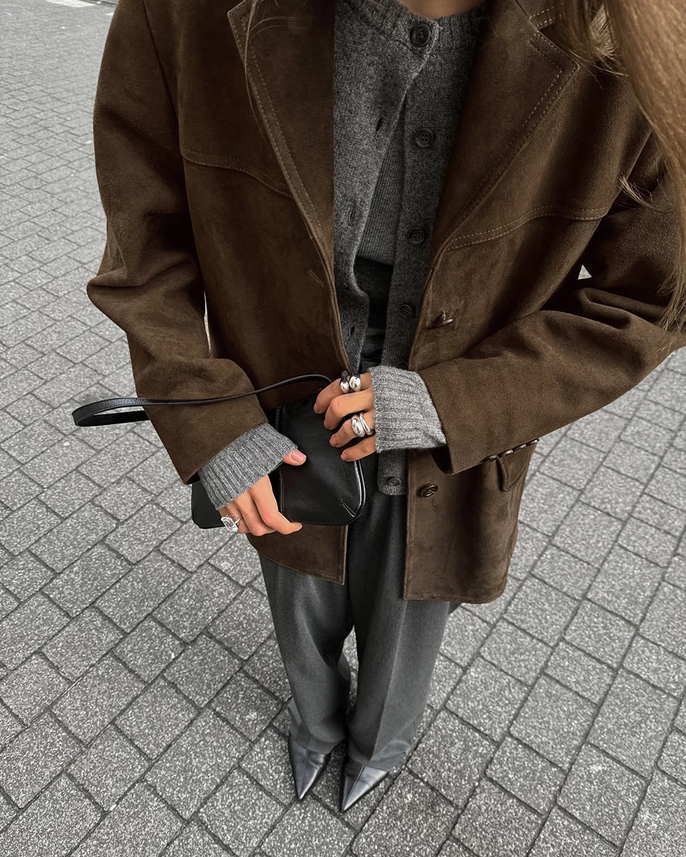Cappotto vintage in pelle scamosciata solida per donna Autunno monopetto Colletto con risvolto Streetwear Moda Capispalla a maniche lunghe 2024 Nuovo