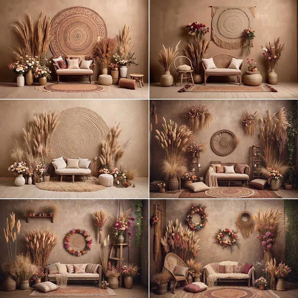 

MOON.QG Boho Autumn Birthday Party Photography Backdrop Flower Thatch Thanksgiving Photozone Background Children Studio Supplies