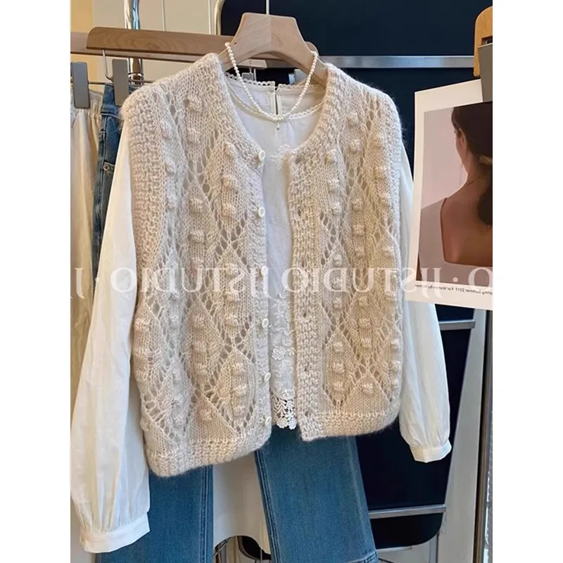 Sweet Women Round Neck Hollow Knit Vest Bobble Texture Sleeveless Button Knit Waistcoat