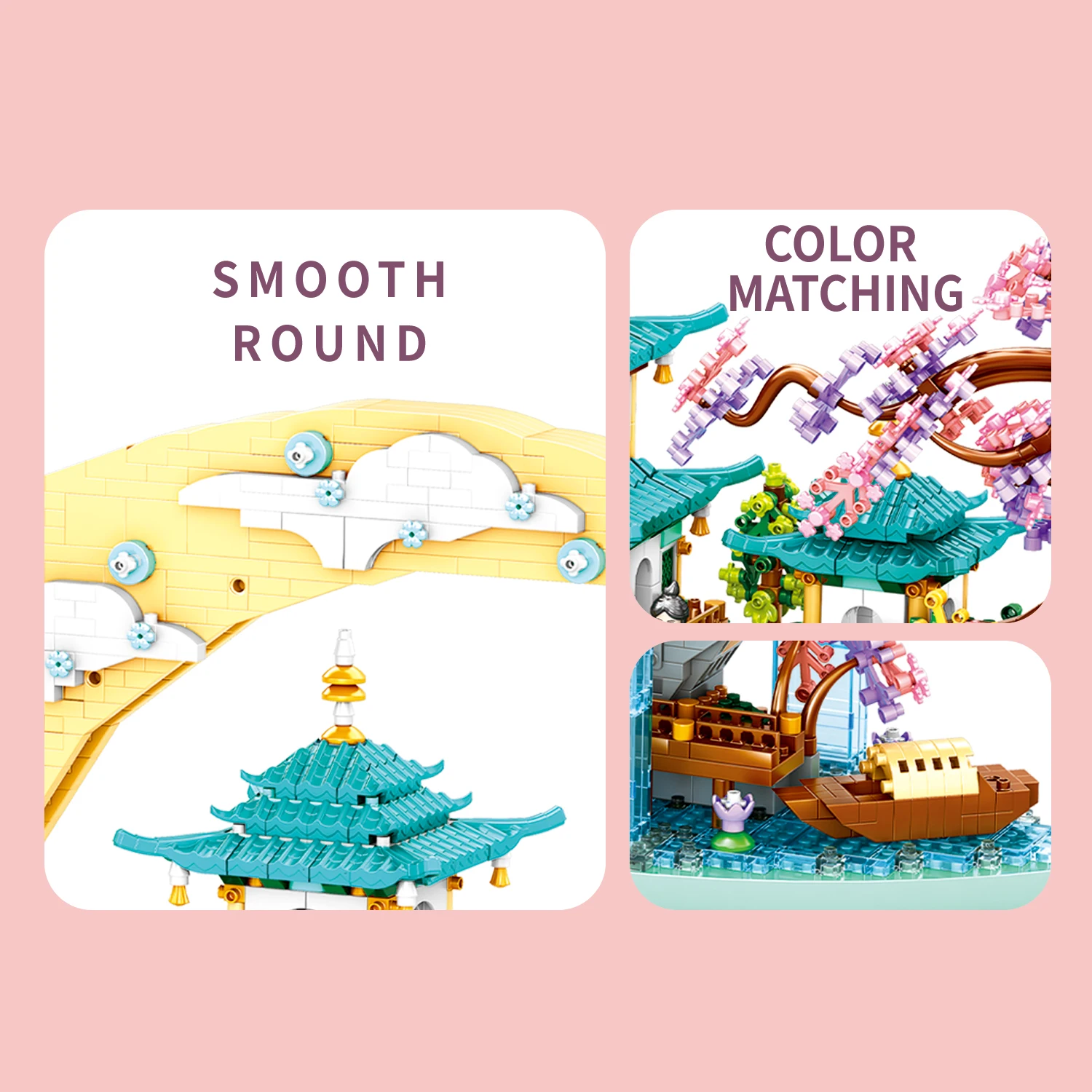 Padiglione antico Tempio Torre Lago Cancello da giardino Modello di luce a led Mini blocchi di diamanti Mattoni Costruzione di decorazioni per la casa in stile cinese Regalo