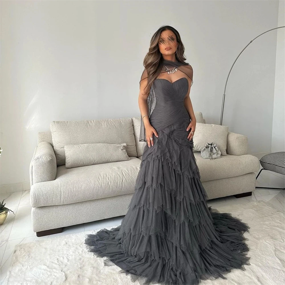 فساتين سهرة طويلة على شكل قلب باللون الرمادي مناسبة حسب الطلب للجنسين، جيرسي ريترو دبي السعودية، حفلة موسيقية عربية مخصصة #1