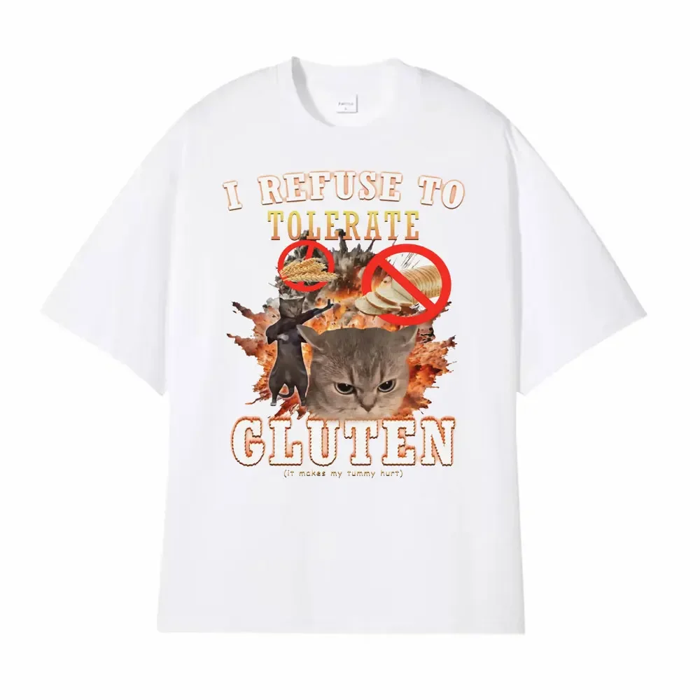 I Refuse To Tolerate Gluten Funny Cat Meme T Shirts Women Clothing Pure Summer Short Sleeved Harajuku Streetwear Tops Tees
