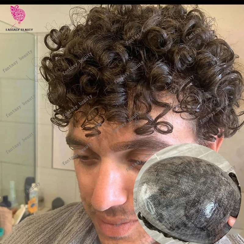 

Мужской парик-накладка 23 мм, кудрявый, темно-коричневый/черный, с тонкой кожаной основой, 100% натуральные человеческие волосы, суперпрочный, система Natural Frontline