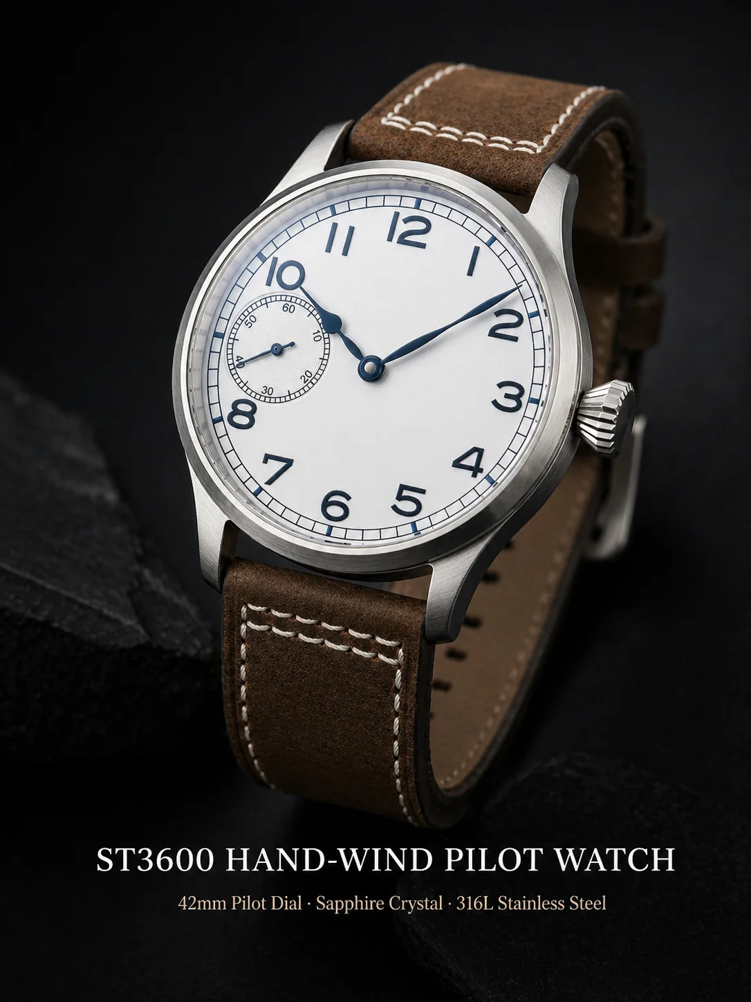 Corgeut 42mm Fliegeruhr für Herren, Handaufzug, Mechanisch, ST3600, Saphirglas, Lederarmband – Detail 1
