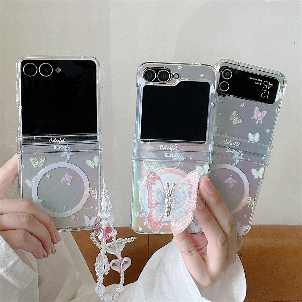

Korean Ins Cute Butterfly Magnetic Phone Case for Samsung Galaxy Z Flip6 7 FE Flip7 6 5 Flip5 4 3 Cover With Magsafe Stand Chain
