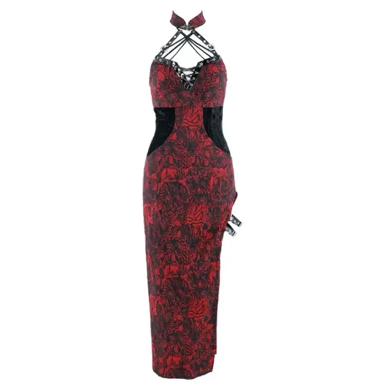 Original Design Red Long Sleeveless Dress Gothic Dobby PU Patch Halter Neck with Belt High Side Slit Sexy Bodycon Dress Summer