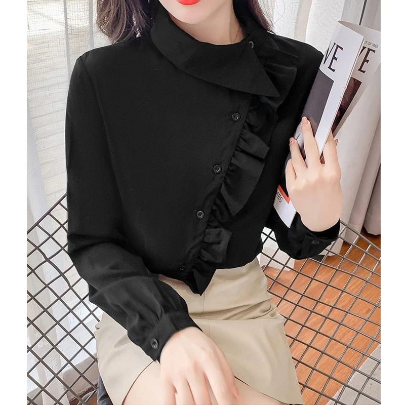 Women Trendy Ruffles Asymmetrical Design Button Up Shirt Spring Autumn Casual Long Sleeve Blouse Solid Chic Slim Tops Y2K Blusas