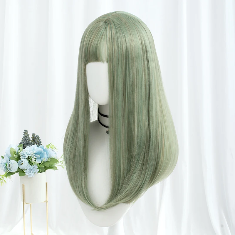 MSIWIGS Long Green Straight with Bangs Synthetic Wigs for Women\'s Lolita Fake Hair Cosplay Hairpiece