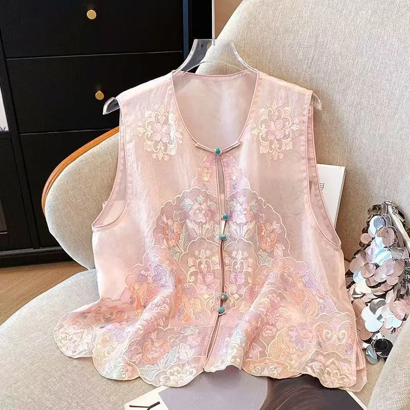 

Новинка 2026: Женская летняя тонкая сетчатая безрукавка в китайском стиле, винтажная уличная мода, жилет на пуговицах с вышивкой