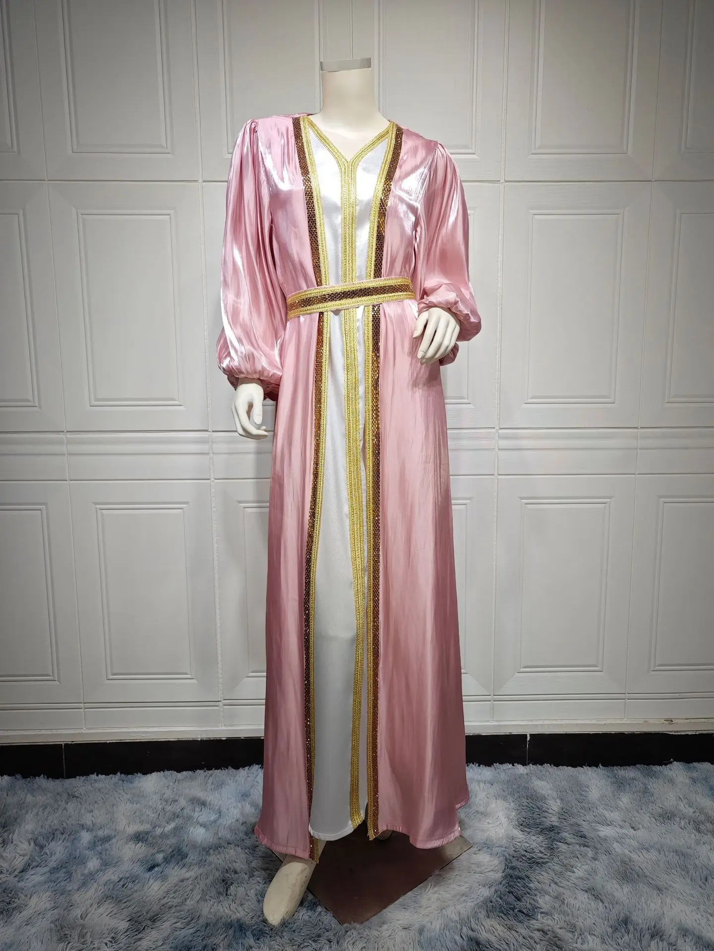 Caftano marocchino di lusso 2025 raso di seta elegante manica a lanterna 3 pezzi abito diamanti Abaya set musulmani abiti Ramadan per le donne