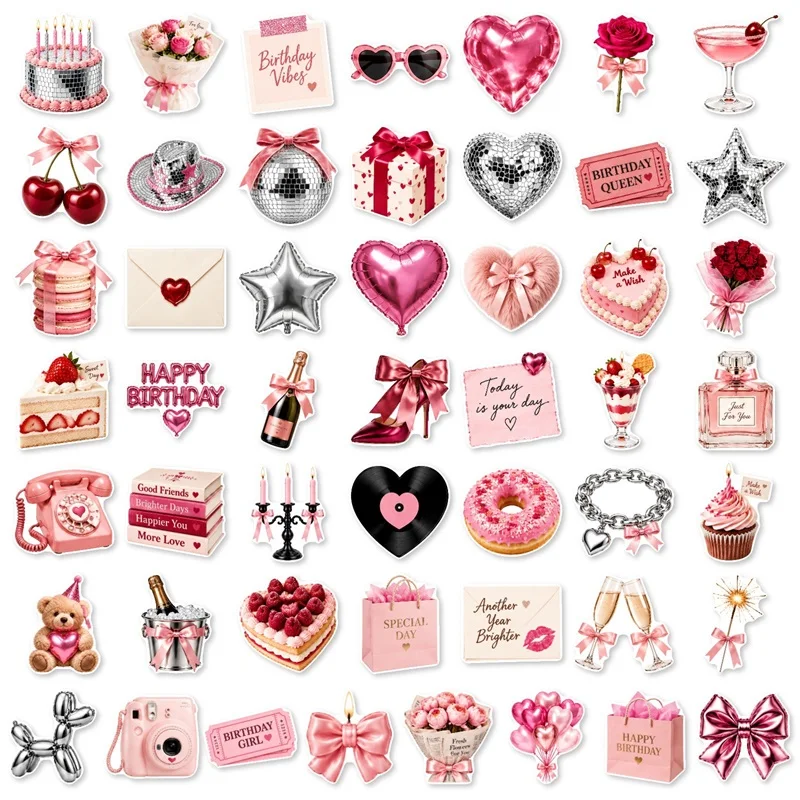 10/30/50PCS Cute Pink Color Rose Birthday Sticker Aesthetic DIY Hand Accounting Decoration Scrapbooking Stationery Supplies