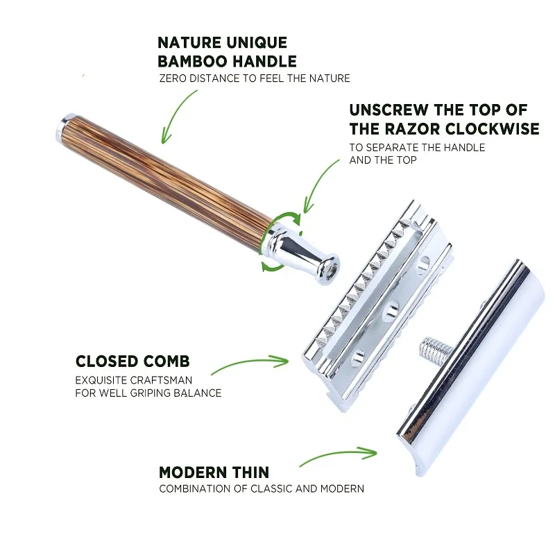 빈티지 면도기 스테인레스 스틸 더블 엣지 안전 면도기 세트, 면도 도구, 천연 대나무 손잡이, 수동 안전 면도날 면도기
