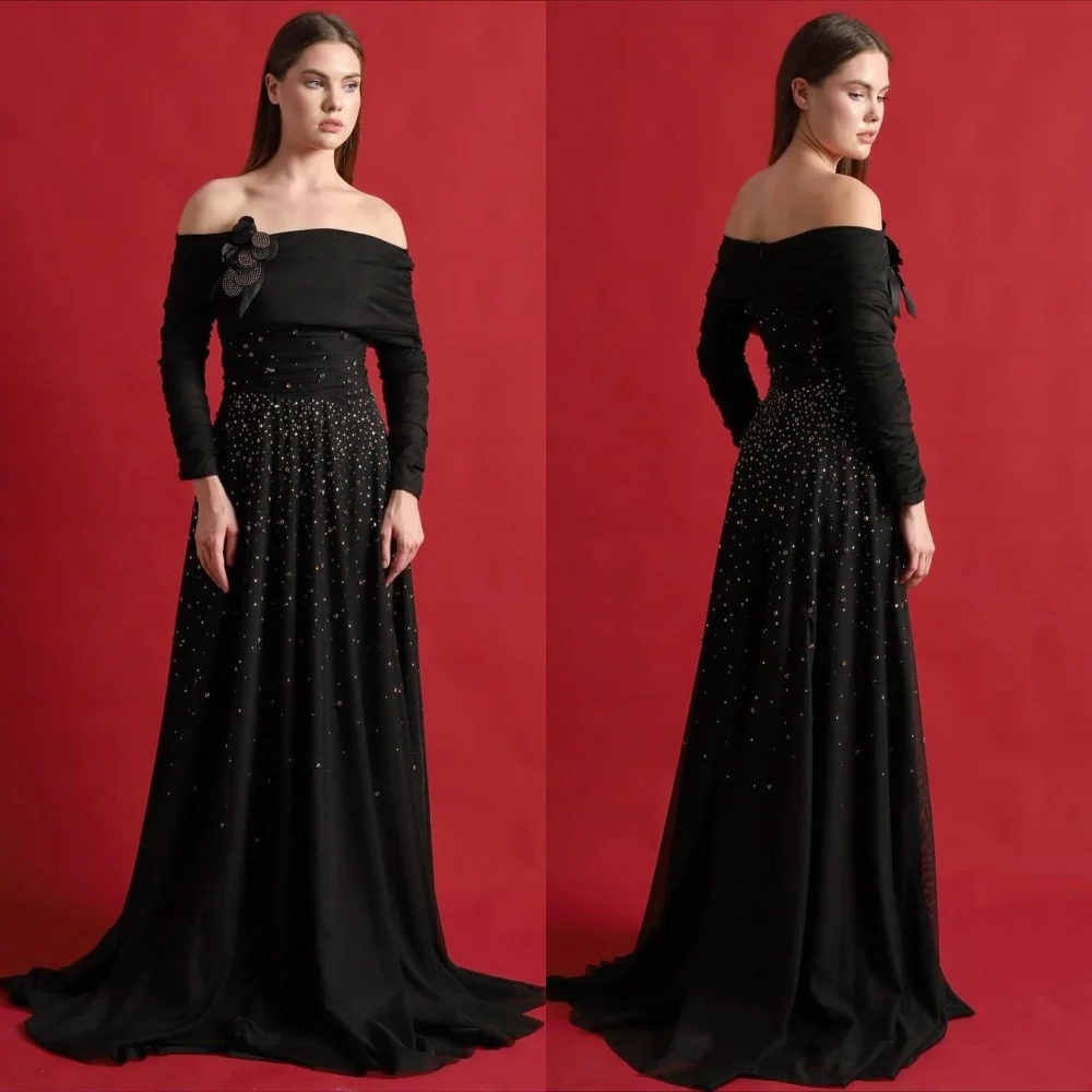 

Шифоновое вечернее платье по индивидуальному заказу, блестящие плиссированные аппликации, длинные платья трапециевидной формы с открытыми плечами, элегантная вечеринка на заказ