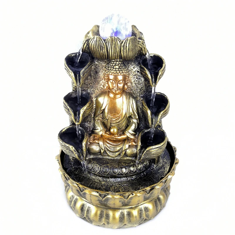 Zen Water Sound Desktop Waterfall Fountain Lucky Feng Shui Ball Fountains Gold Buddha Statue Peaceful Home Decoration