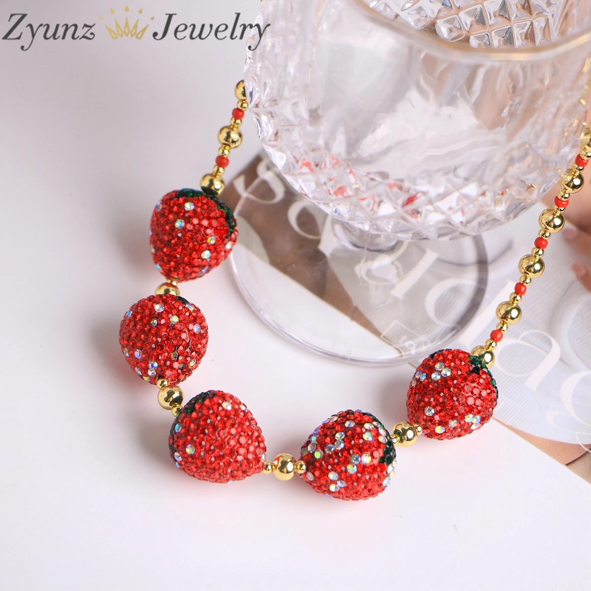 5pcs, Shiny Red Strawberry Crystal Beads Necklaces Women Elegant Rhinestone Fruit Jewelry