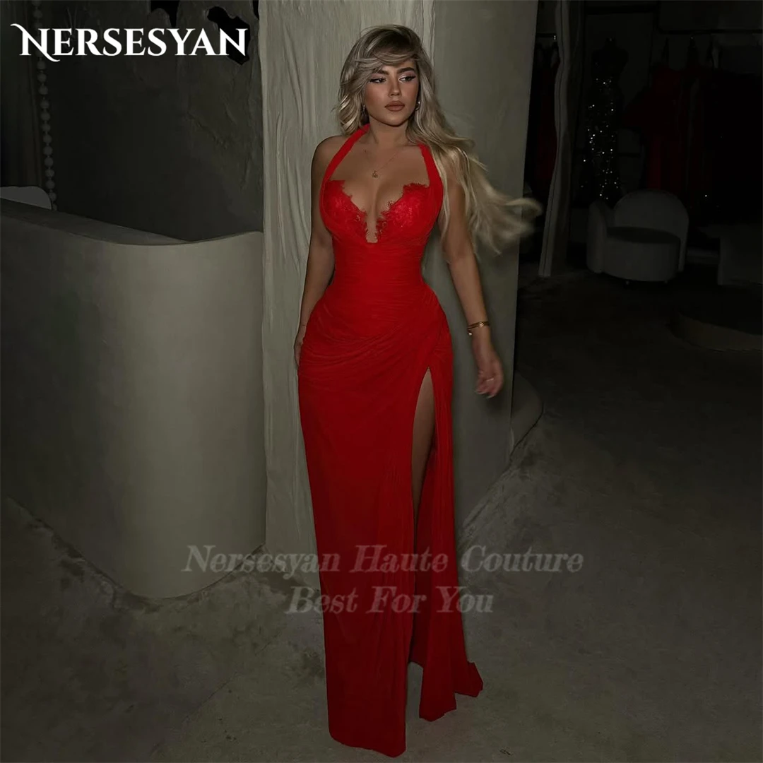 

Nersesyan Luxury Red Lace Mermaid Evening Dresses Off Shoulder Side Slit Formal Dress Appliques Halter Party Gowns Customized