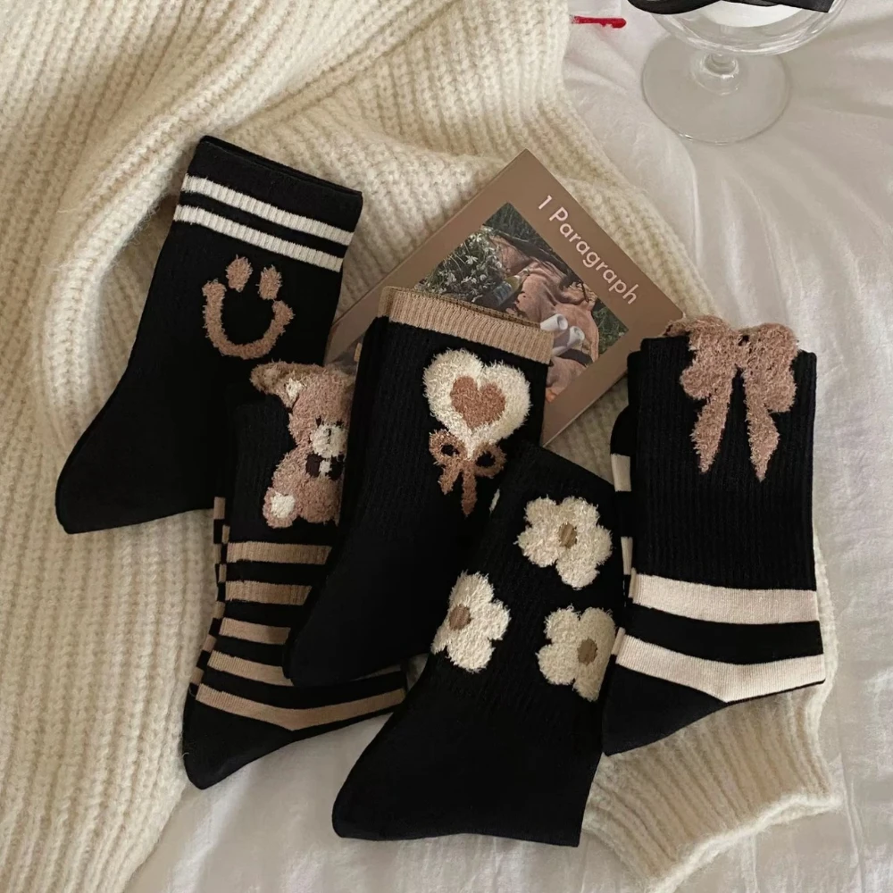 

5 Pairs Socks Feather Smiling Mesh Women's Mid-Calf Autumn/Winter Cotton Socks Korean Style Ins Trendy Long Socks