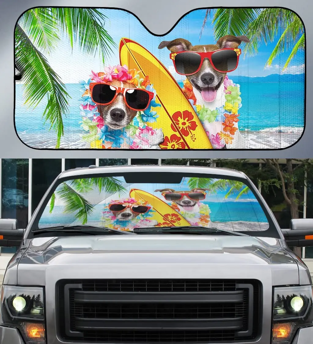 Hawaii Beagle Dog With Surf Board In Summer Beach Coconut Tree Car Sunshade, Gift For Beagle Lover, Hawaii Vibe Auto Sun Shade,