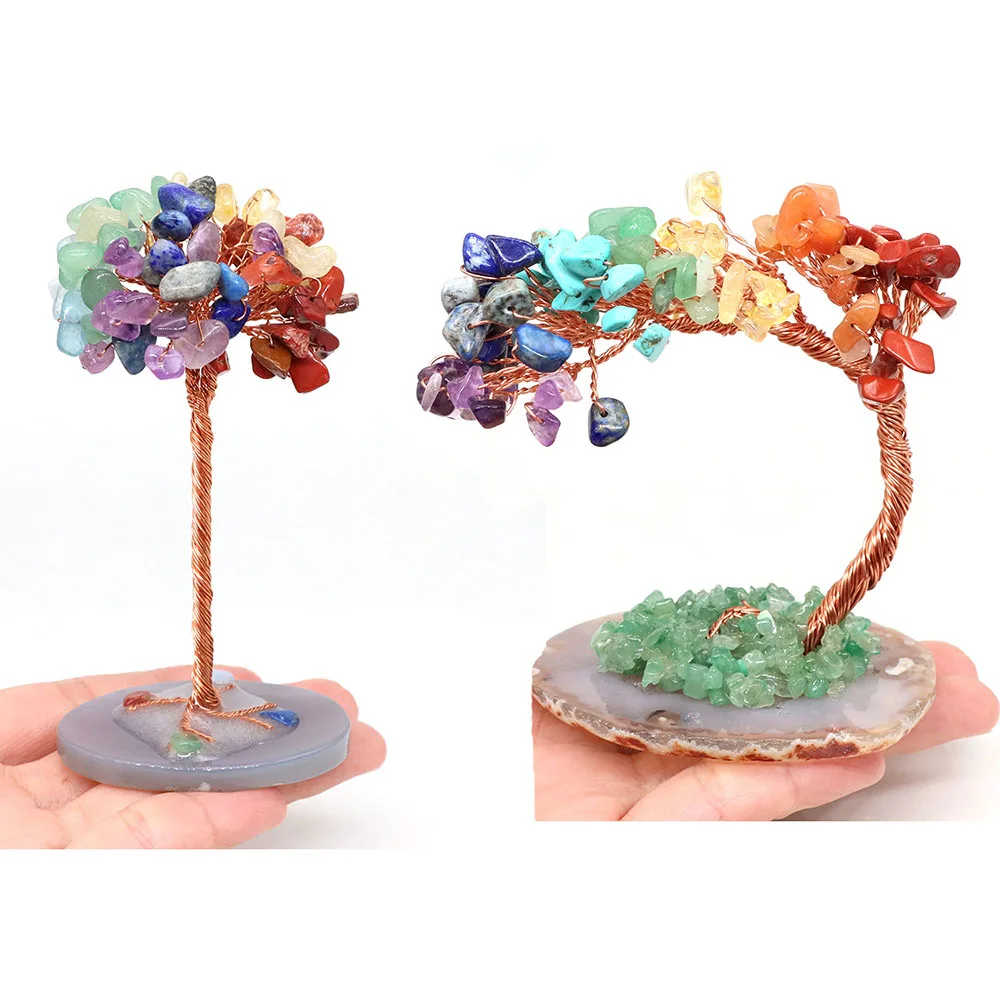 الطبيعية 7 شقرا كريستال شجرة المال الأسلاك النحاسية ملفوفة العقيق شريحة قاعدة أحجار استشفاء اليوغا فنغ شوي أشجار الحياة ديكور المنزل