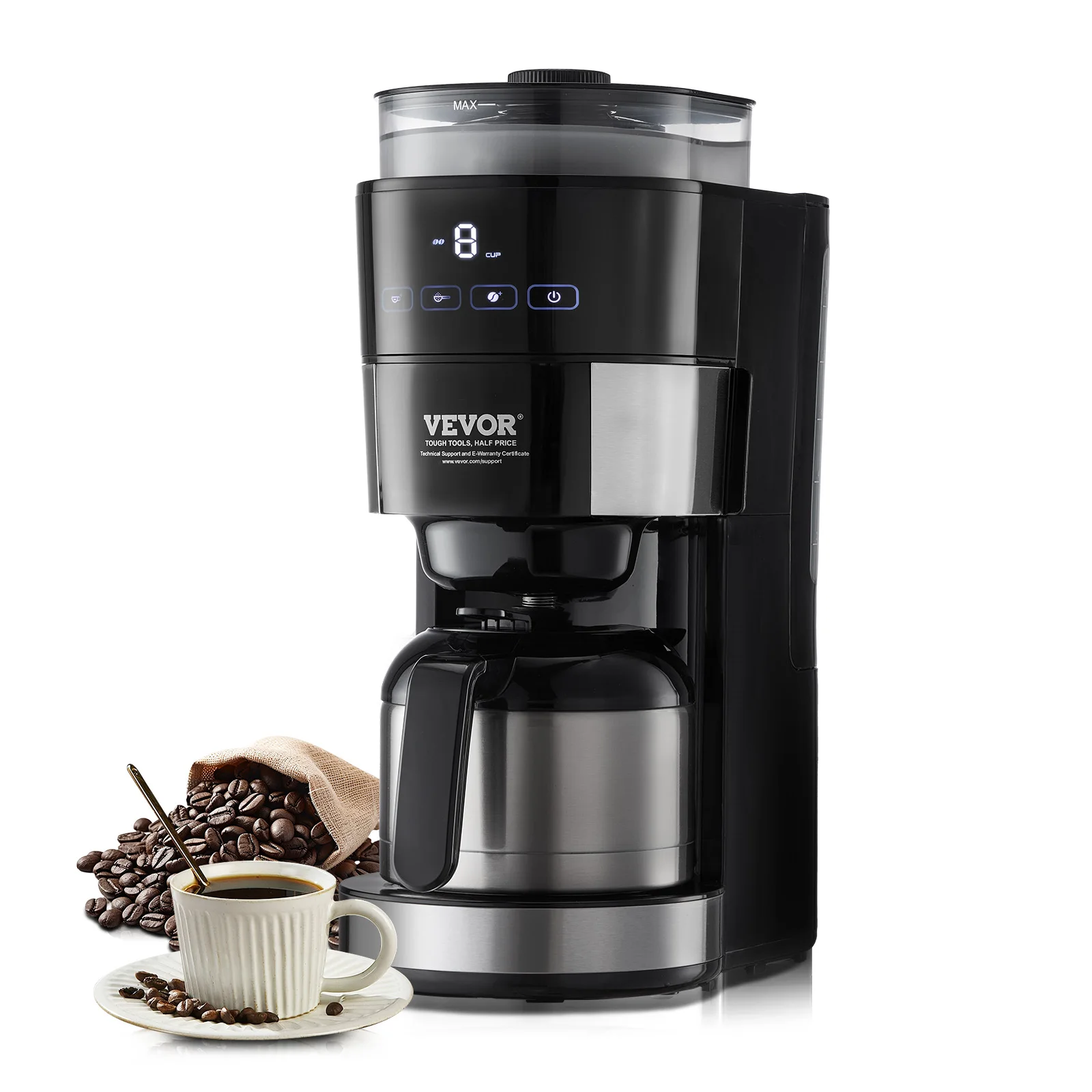 VEVOR Coffee Maker with Grinder, 8 Cup Programmable Coffee Machine, Grind and Brew Coffee Maker with 24-Hour Timer for Auto Brew