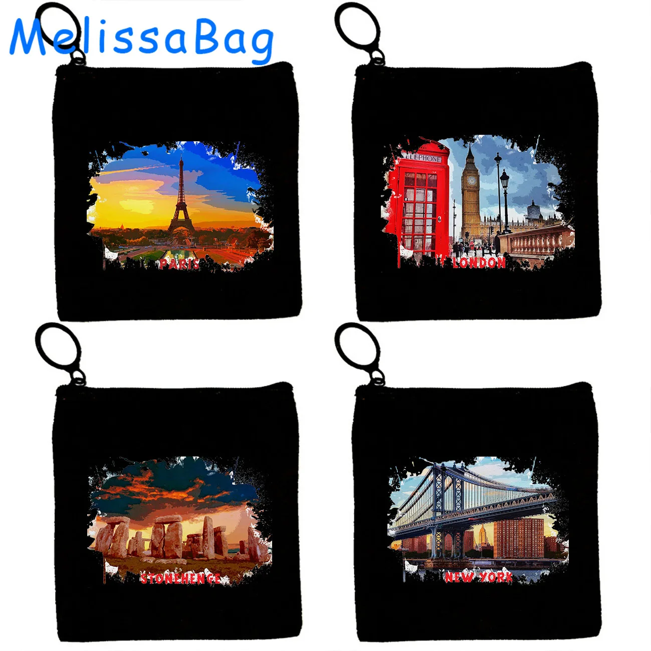 Eiffel Tower Paris France New York London Stonehenge Watercolor Ink Oil Painting Canvas Bag Coin Purse Key Case Bag Zipper Pouch