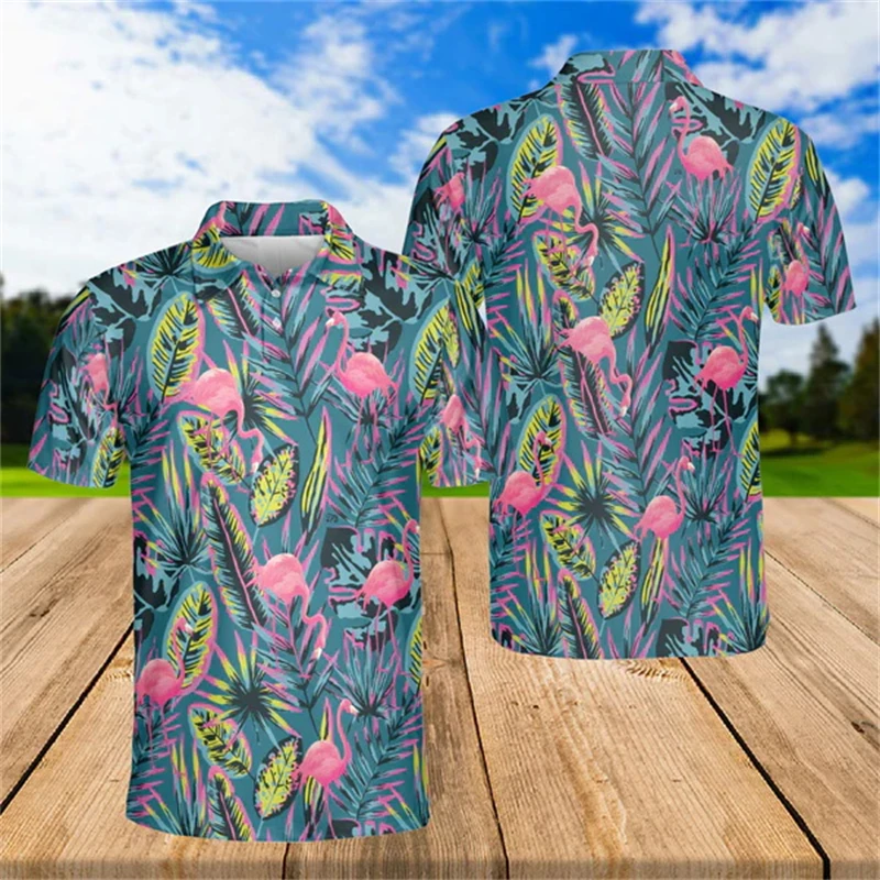 Vintage Men Hawaiian Polo Shirts 3d Print Flamingo Graphic Unisex Casual Y2k Short Sleeve Clothing Male Fashion Streetwear Tops