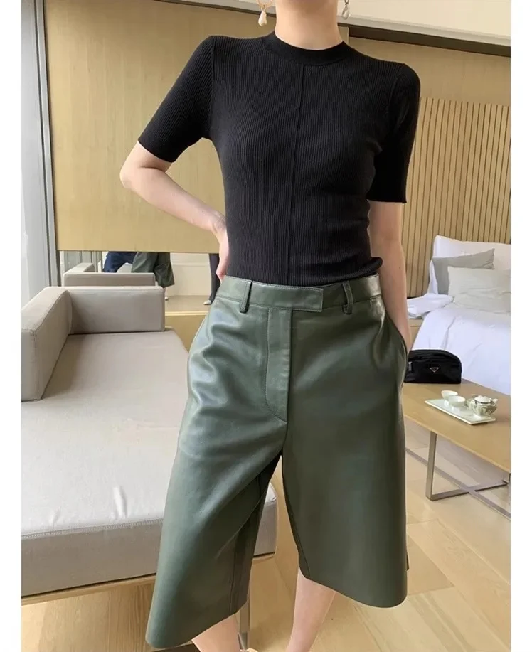 Shop Best,100% soft natural sheepskin pants for women.fashion ladies leather casual shorts.High waisted straight Wide