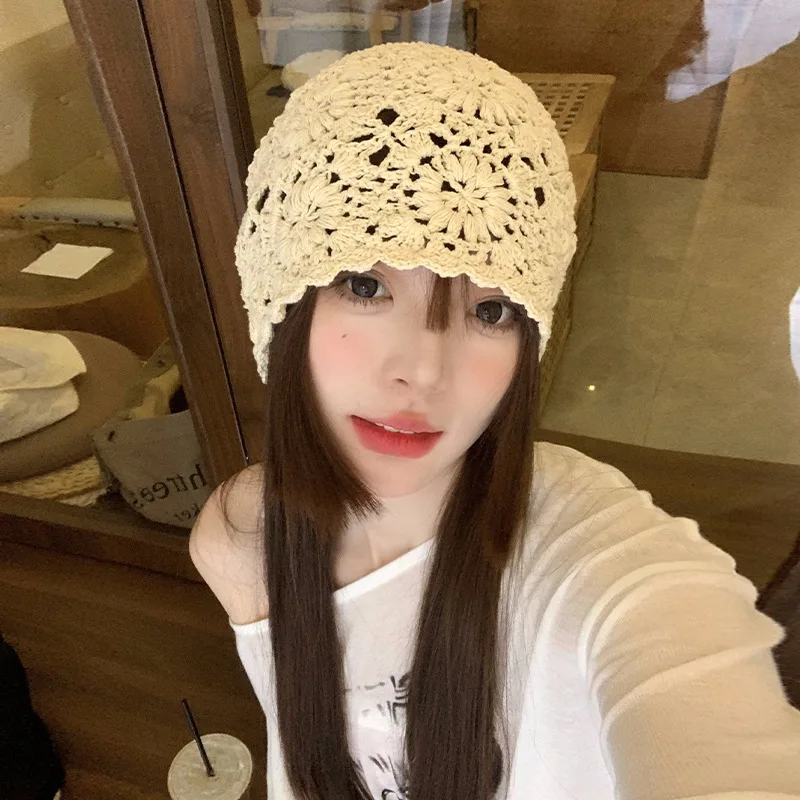 Women Summer Cap Hand-Made  Hollowed-out Vintage Artistic Crocheted Hat for Summer Breathable Causual Female Caps 004