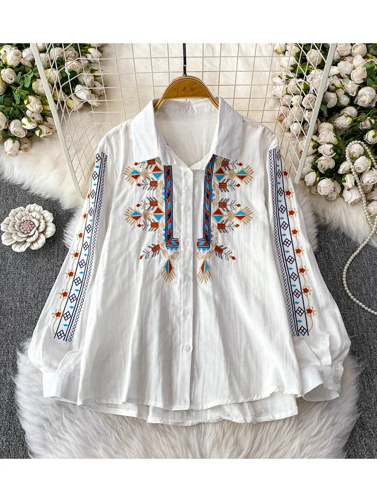 

Women's Spring Shirt Vintage Style Embroidered Commute Lapel Lantern Sleeve Top Single Breasted Versatile Loose Shirt BL164