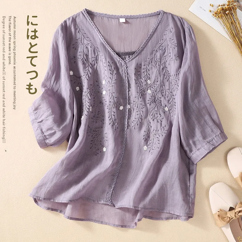 Dun geborduurd katoenen linnen T-shirt groot formaat dames plus maat kant patchwork vijf Sve V Ne onregelmatige linnen top