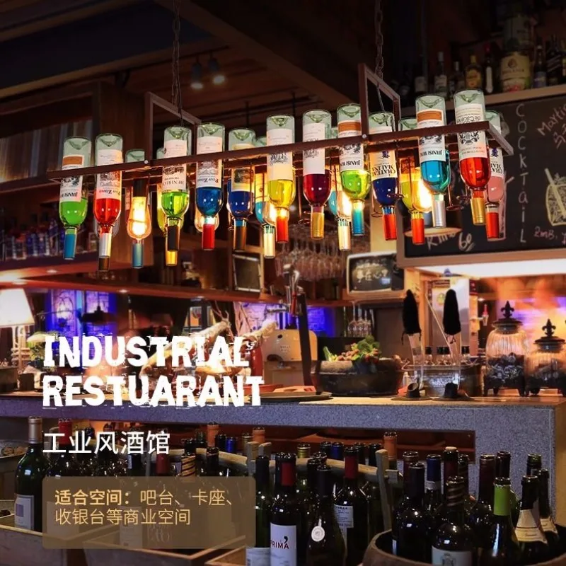 American Retro Industrial Rust Metal Colored Wine Bottle Glass Chandelier Coffee Shop Bar Restaurant LED Decorative Pendant Lamp