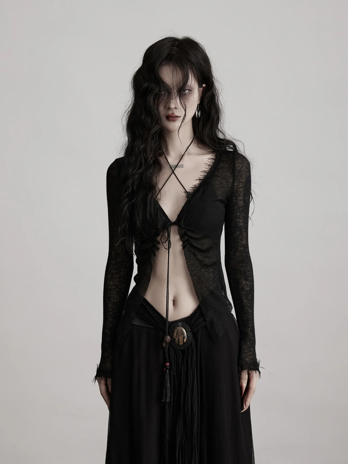 Elegant Black Long Sleeve Knitted Cardigan Women's Slim Fit Beaded Tassel Wrap around Polyester Fiber Casual Fashion Top