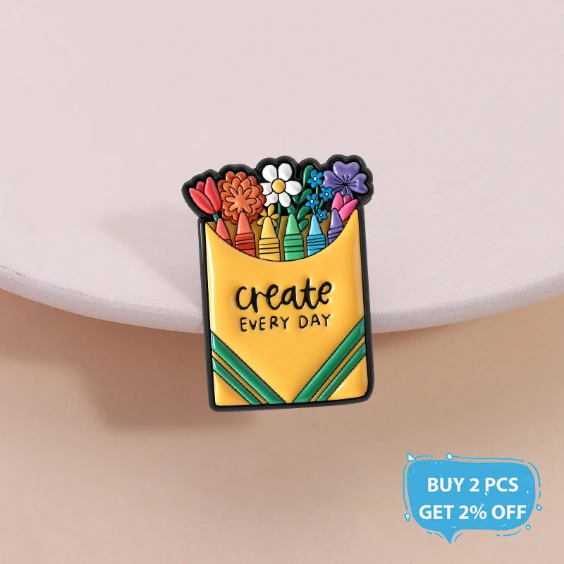 Create Every Day Enamel Pin Colored Flower Pencil Drawing Creation Brooch Lapel Badge Fashion Jewelry Accessory Gift for Friends