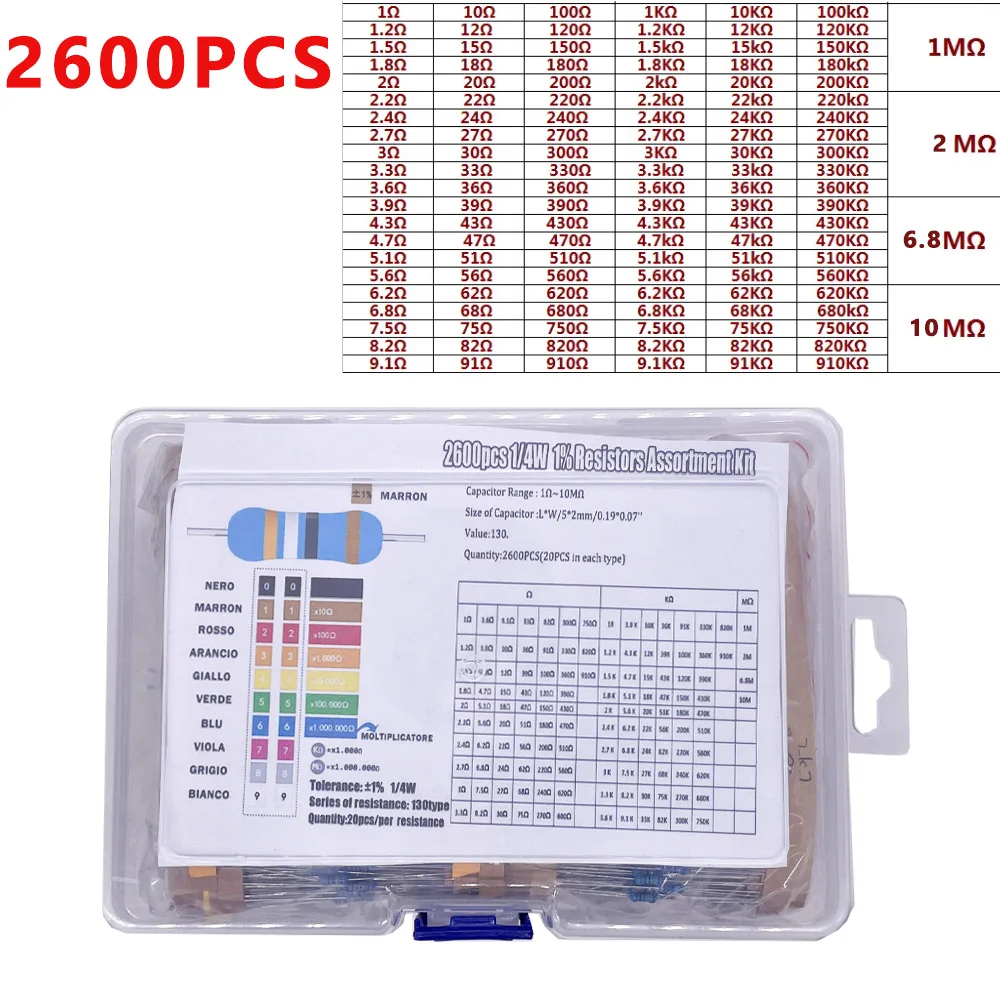 300/600/2600pcs 1% Resistor Set Resistance 1/4W Metal Film Resistors Kit 10Ohm ~1M Ohm 30/130Values Electronic Components Kit