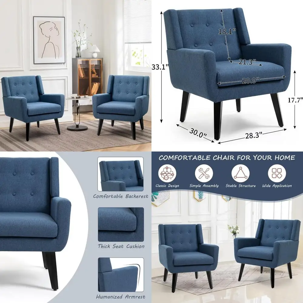 

Pair of Modern Mid-Century Upholstered Accent Chairs with Linen Fabric and Rubber Wood Legs