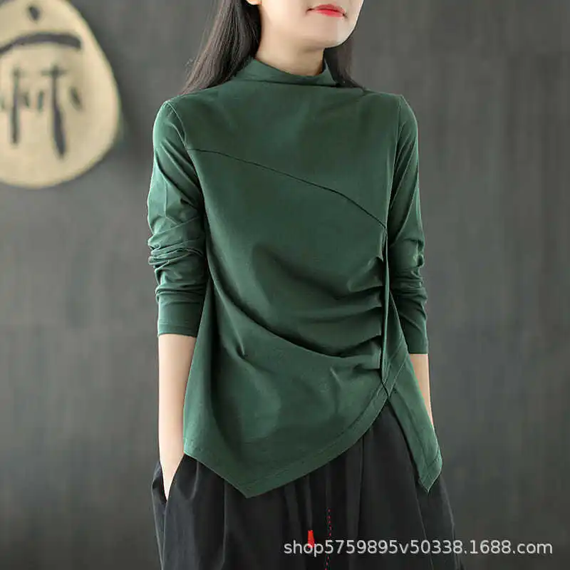 Autumn and Spring Plus Size Women's Plain Color Casual T-Shirt, Versatile and Stylish, Slimming, Small High Neck, Irregular Top