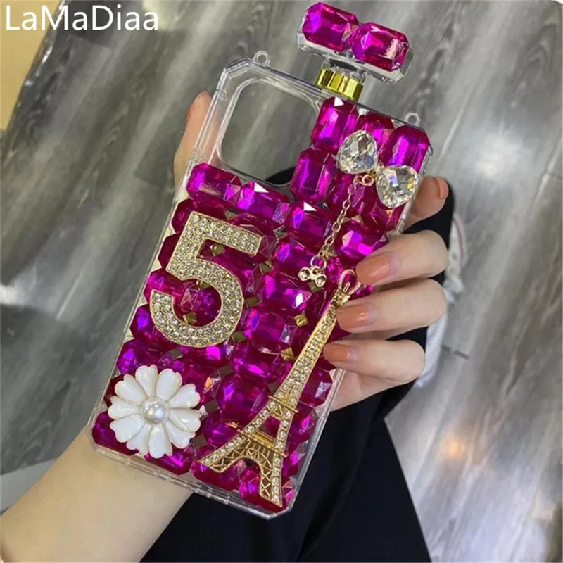 Luxury Eiffel Tower Perfume Bottle Glitter Bling Diamond Case with Chain, Case for Samsung S24, S20, S21, S22, S23PLUS, Note20