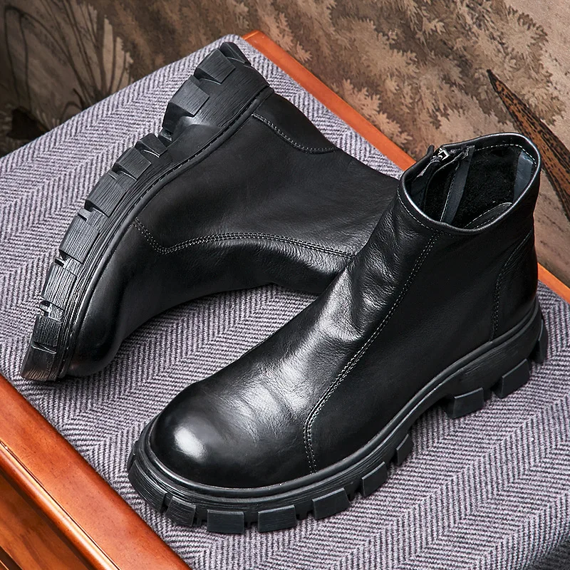 Winter Mens Warm Boots Luxury Genuine Leather Fashion Retro British Trend Designer Elegant Black Ankle Business Social Shoes Man